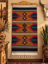 Vintage Southwestern Handwoven Wall Hanging Rug 60x28 Geometric Navajo Tapestry picture