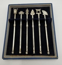 Vintage Japanese 6 Swizzle Sticks Set Figures Sterling Silver w/original Box picture