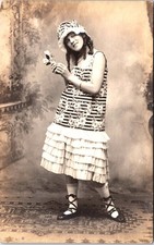 UNUSUAL DRESS FANCY HAT : YOUNG WOMAN : FLAPPER ERA : FASHION : RPPC c1920 picture