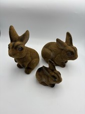 Vintage Set Of 3 Flocked Plastic  Bunny Rabbit Realistic  Brown Figurine Easter picture