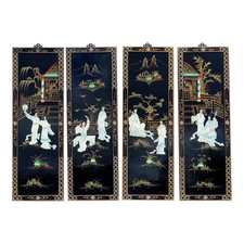 4 Vintage Chinese Black Lacquer Mother-of-Pearl Inlay Wall Panels picture