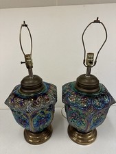 RARE Pair Vintage Carnival Glass Table Lamps Iridescent Rose Scrollwork picture