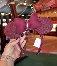 Disney Parks 2026 Burgundy Sparkly Mickey Minnie Bow Ear Headband New picture