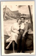 Vintage RPPC Studio Portrait Couple Tropical Backdrop Kodak Real Photo Postcard picture