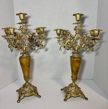 Pair Of Antique French Brass Boroque Style 5 Arm Candelabras  15.5” picture