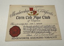 Vintage Edgeworth Smoking Tobacco Trade Card Corn Cob Pipe Club Certificate VA picture