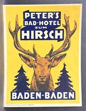 PETER’S BAD HOTEL ZUM HIRSCH BADEN BADEN GERMANY LUGGAGE LABEL~LARGE DEER HEAD picture
