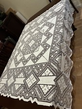 Antique 1920s Italian Filet Net Lace Embroidered Linen Tablecloth 56x57 Pristine picture
