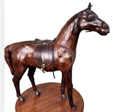 Vintage Leather Wrapped Horse Sculpture 18” Equestrian Saddle Tack Decor picture