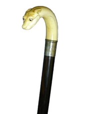Antique Superb Victorian Greyhound Dog Head Glass Eyes Handle Walking Stick Cane picture