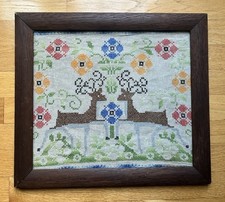 Antique German Style Cross Stitch Sampler Stag Deer Floral Framed Complete picture