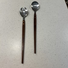 Mid Century Spoon & Fork Salad Set Stainless Steel Wood Handles 1960s picture