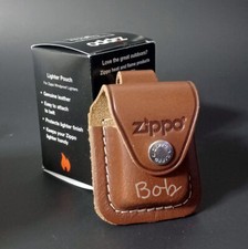 Personalized Genuine Brown Leather Zippo Lighter Pouch with Loop-Custom Engraved picture