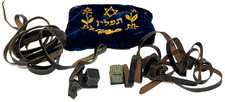 Vtg Jewish Hebrew Tefillin Set & Embroidered Blue Velvet Bag Israel Judaism picture