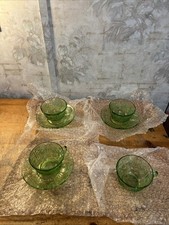 4 Vintage Federal Sharon Cabbage Rose Uranium Green Glass Teacups 3 Saucers picture