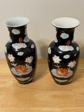 Vintage Chinese Style Black Porcelain Lotus Flower Vases Matching Pair 10