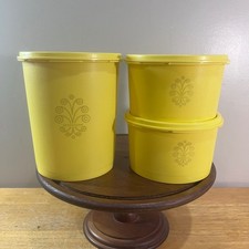Tupperware Canister Set Vtg Yellow Servalier 3pc Nesting Fleur-de-lis Medallion picture