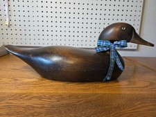 Vintage Hand Carved Wooden Duck with Glass Eyes and Plaid Ribbon, 17