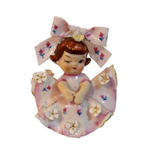 Lefton Girl Figurine Pink Gold White Flowers Blooming Dress Big Bow Winking picture