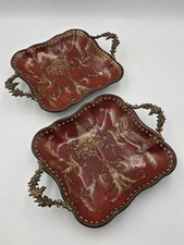 Pair Vintage Chinese Porcelain Decorative Red Plates Ornate Brass Handles Gold picture