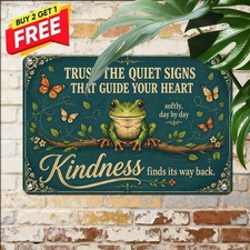 Cute Green Frog On Branch Wall Art Whimsical Butterfly Tin Metal Sign 8x12 In picture