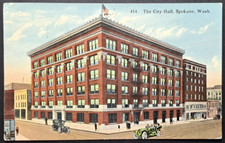 Vintage 1915 Spokane WA City Hall Postcard Street View Cars Bicycles Horses picture