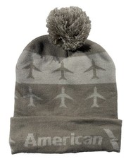 American Airlines Winter Beanie All Over Print Knit Hat Pom Tan Cream picture