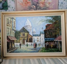 Vintage Original Parisian street scene Sacré-Cœur Basilica Oil Painting 30 X 42 picture