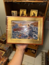 Christ Walking on Water Orthodox Icon 18kt Gold Carved Wood (handmade) 18x24cm picture