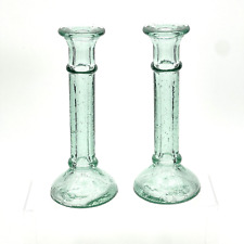 2 Green Recycled Glass Candle Stick Holders Taper Upcycle 7 3/4