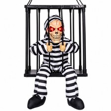 Halloween Decor Hanging Skeleton Prisoner Cage LED Eyes Haunted House Prop picture