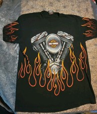 Vintage Harley-Davidson Black Graphic Shirt Flames V-Twin Engine 1996 M Medium picture