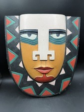 Vintage Hand Carved Painted Wood Wall Mask Geometric Mayan Inca Folk Art 12