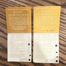 1976 Colonial Williamsburg Eight Admissions Tickets Adult Child Pair Vintage picture