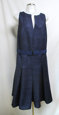 AKRIS PUNTO navy blue striped textured belted sleeveless silk dress sz 12 picture