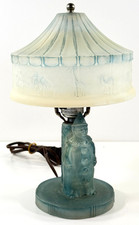 Antique L.E. LE Smith Circus Clown Sideshow blue frosted glass table lamp picture