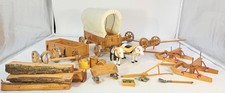 Vintage Handmade Folk Art Wooden Covered Wagon W/Oxen Western Pioneer Theme picture