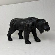 Vintage Mid Century Leather Wrapped Black Panther Figurine Statue Roaring MCM picture