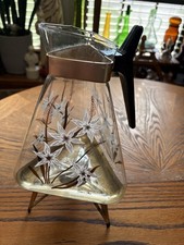 Vintage Inland Glass Atomic Coffee Carafe Warmer Stand MCM 1950s Retro Flowers picture