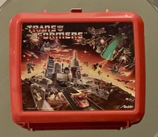 Vintage 1984/1986 Aladdin Hasbro Transformers Red Plastic Lunch Box W/Thermos picture