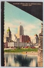Cincinnati Ohio OH Skyline Through Suspension Bridge Arch Postcard c1930s picture