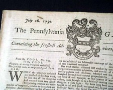 Rare Very Famous BENJAMIN FRANKLIN Pennsylvania Gazette July 26, 1750 Newspaper picture