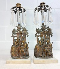 Pair of antique ornate figural bronze marble crystal girandole candle holders picture
