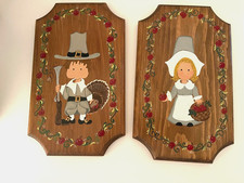 Two (2)Vintage 80's Wooden Hand Painted Folk Art Plaques PILGRIM COUPLE  12