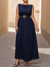 Plus Size Navy Maxi Dress 2XL 3XL Solid Belted Sleeveless Formal Chic NIB picture