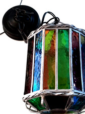 Vintage Metal & Stained Glass Lantern Pendant Swag Light Colored Panels As Is picture