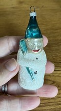 Antique 1900s German Glass Christmas Ornament Mica Snowman Blue Hat Broom 3 Inch picture