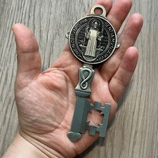 Large St BENEDICT Key To Heaven Medal 5” Silver Protection Llave de San Benito picture