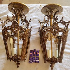 Vintage Pair Of Underwriters Lab MCM Brass Covered Lantern Lamp Lighting Fixture picture