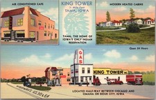 Vintage 1939 Tama, Iowa LINEN Postcard KING TOWER ONE-STOP Highway 30 Roadside picture